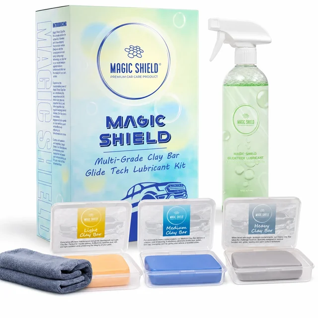 Magic Shield Clay Bar Kit: box, GlideTech lubricant, three clay grades and towel