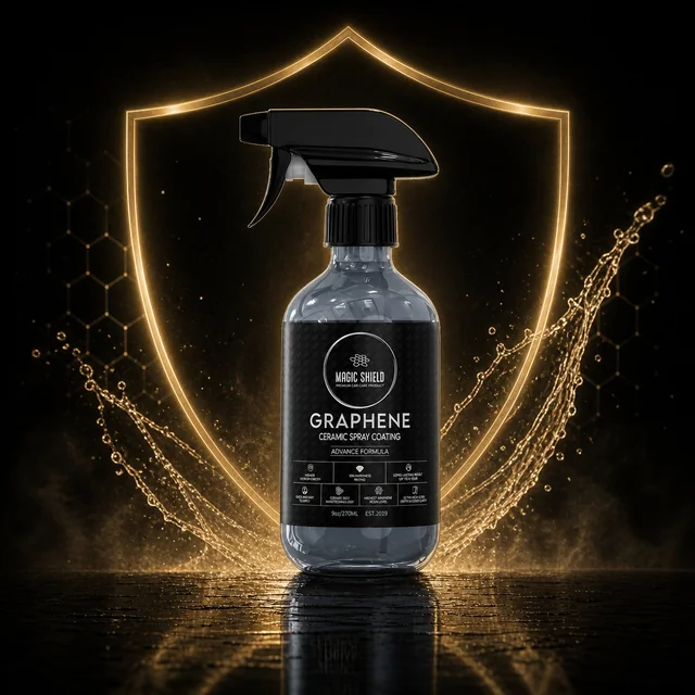 Magic Shield Graphene Ceramic Spray with a glowing gold shield
