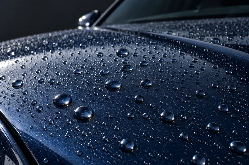 Close-up of rounded water droplets on midnight-blue car paint