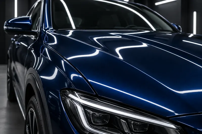 Bright detailing lights reflected across a glossy midnight-blue hood and fender