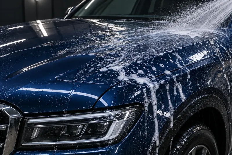 Water rinsing light shampoo suds from a midnight-blue vehicle panel