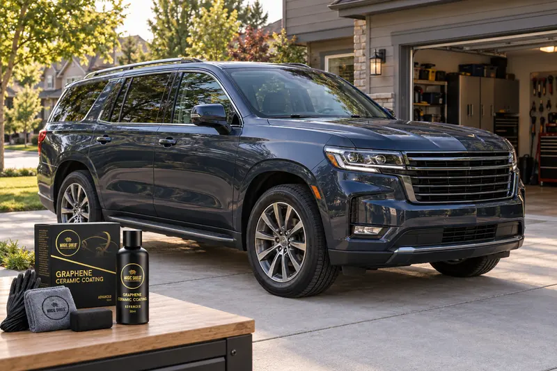 Full-size blue SUV in a driveway with the Graphene Ceramic Coating kit in the foreground