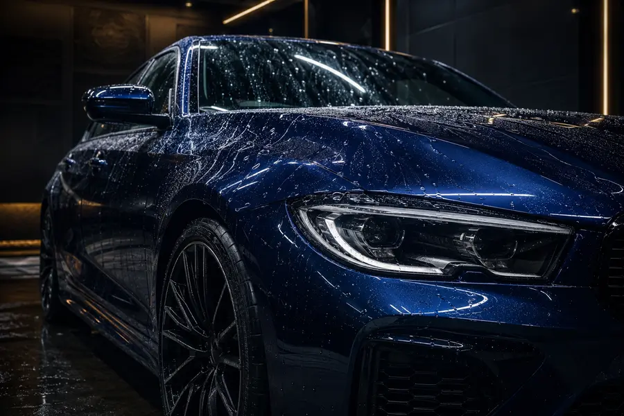 Real blue performance car with hydrophobic water beading