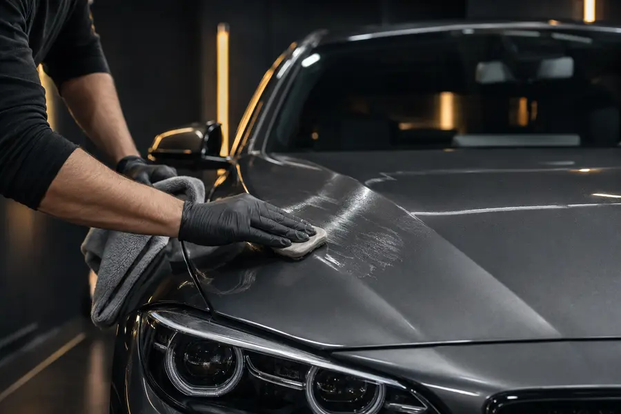Real graphite car undergoing professional paint preparation