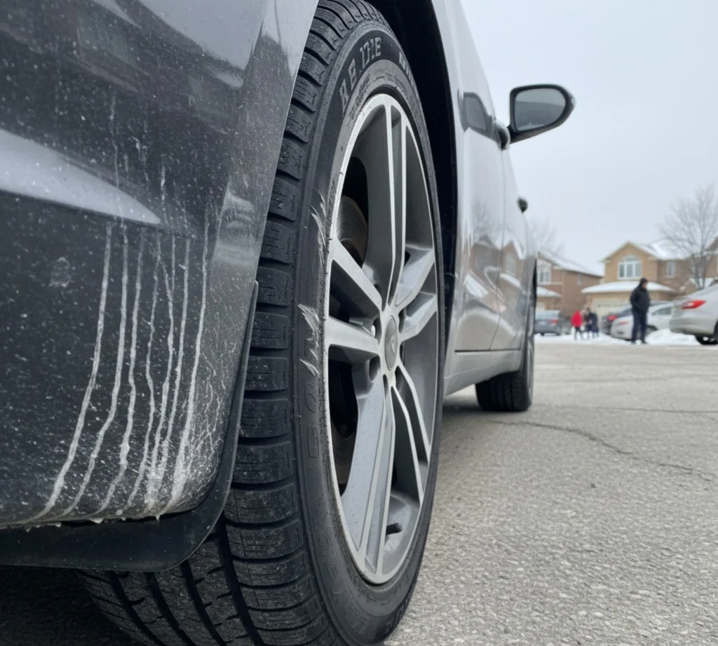 Dirty car tire in parking lot