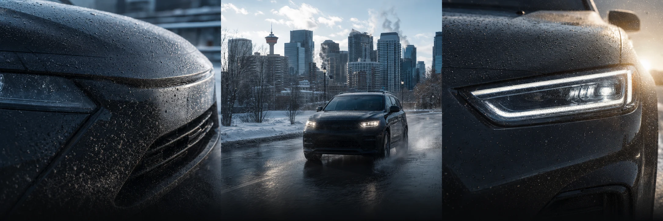 Calgary winter driving triptych showing salt-covered paint, a coated SUV, and a clear headlight